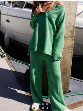 Free People Beach Hailee Knit Green Sweater & Wide-Leg Pants Set, Size XS, EUC